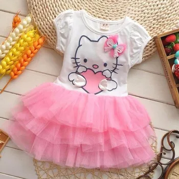 Sanrio hello kitty piger dress sommer sød tegnefilm korte ærmer mesh kage kjole prinsesse kjole tutu nederdel