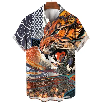 Social-Shirt til Hverdag Skjorter til Mænd 3D Animal Trykte Kort Ærme Toppe Tiger/Dragon Bluse Casual t-Shirts Overdimensionerede Mandlige Tøj