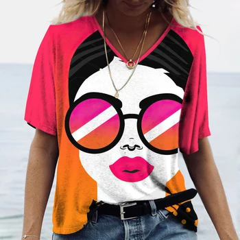 Sommer-Kvinder ' S T-Shirt Mode Nye V-Hals t-shirts Abstrakt Menneskeligt Ansigt Mønster Print Kvinder ER Sjove Tees Kort-Langærmet Toppe Pullover
