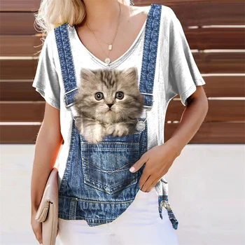 Sommer-Kvinder ' s T-shirt 3d Søde Kat Prin Toppe, Mode Daglig V-Hals Kvindelige Tøj Streetwear Oversize T-Shirts Til Kvinde Tøj