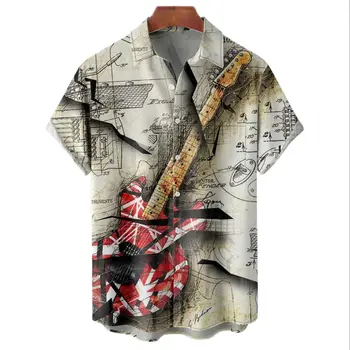 Sommeren Hawaii-Skjorter Til Mænd 3d Vintage Musik Rocker Guitar Print Beach Shirt Kort Ærme t-Shirts Toppe Harajuku Ropa Hombre 5XL