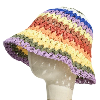 Sommeren Kvinder Bucket Hat Håndlavet Strå Hat Rainbow Hæklet Sammenklappelig Forældre-barn-Panama Hat Børn Kvindelige Stranden solskærm Cap