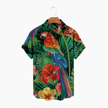 Sommeren Papegøje Print t-Shirts til Mænd Farve Revers Skjorter til Mænd Hawaii Mode Mænds Tøj Løs Oversize Kort Ærme Toppe 5xl