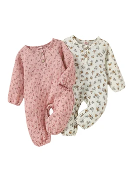 Spædbarn Baby Piger Casual-Sparkedragt, Blomstret Trykt Mønster Runde Krave Lange Ærmer Jumpsuits, Beige/ Pink