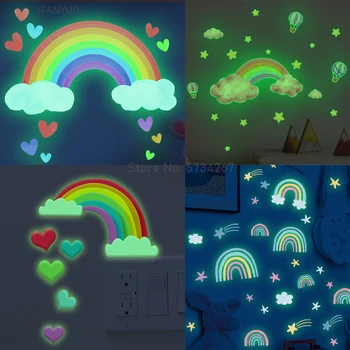 Tegnefilm Regnbue Lysende Sky Wall Stickers til Børn Værelser Soveværelse Hjem indenfor dekoration vægoverføringsbilleder Glød I Mørke Stjerner Klistermærker