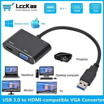 USB 3.0-HDMI-kompatibel VGA Converter Dobbelt Udgang 2in1 USB til VGA-HDMI-HD 1080P Adapter Kabel til Mac OS Windows 7/8/10