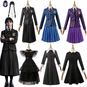 Wednesday Addams Family Cosplay Kostume Kjole Pige Barn, Voksen Film Onsdag Cosplay Kostumer Sort Gotisk Familie Fest Kostume