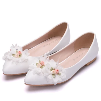 White Lace Bryllup Sko Blomst Brude Kjole Spids Tå Ballerina Sko Slip-On bow flade sko