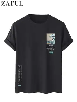 ZAFUL T-shirts til Mænd Japansk Trykt over Havet Bølge Grafisk Korte Ærmer t-Shirts Afslappet Sommer Streetwear Bomuld Toppe Sort Z5077975