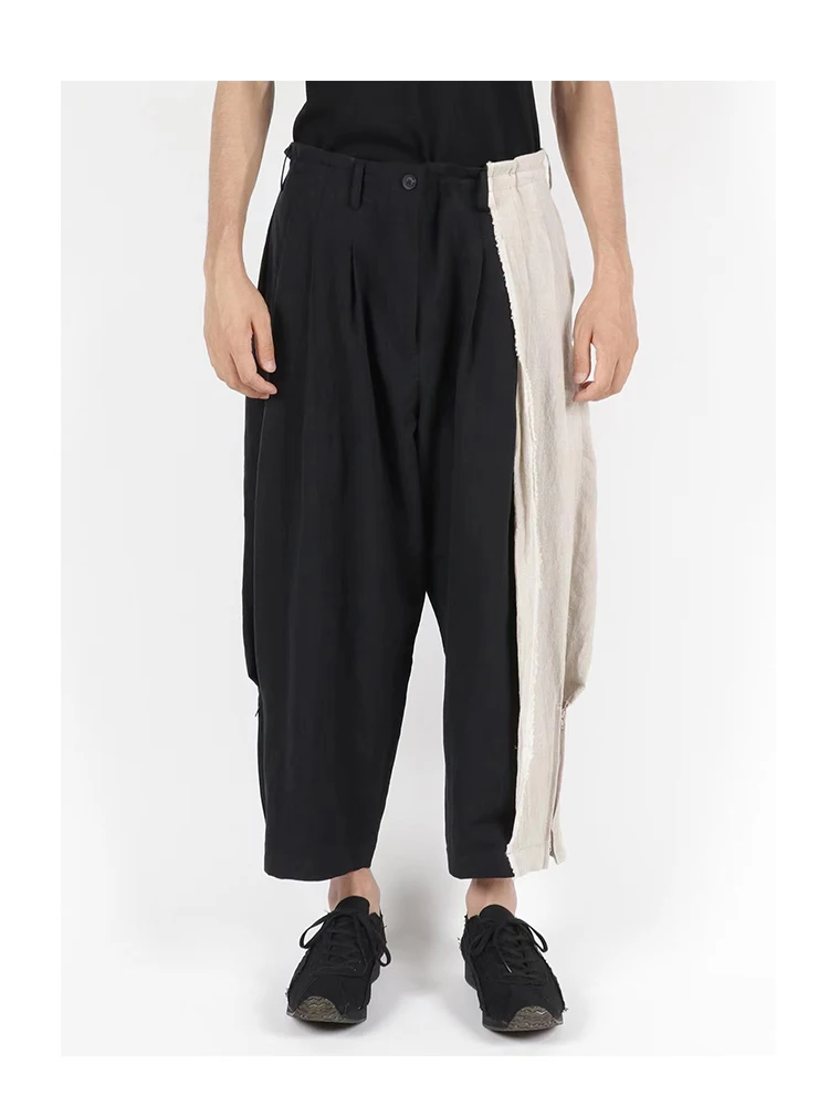 Hør To farve Elastisk talje bukser Yohji Yamamoto bukser til mænd bukser yohji bukser, casual bukser med bred ben bukser Owens mænds bukser - 0