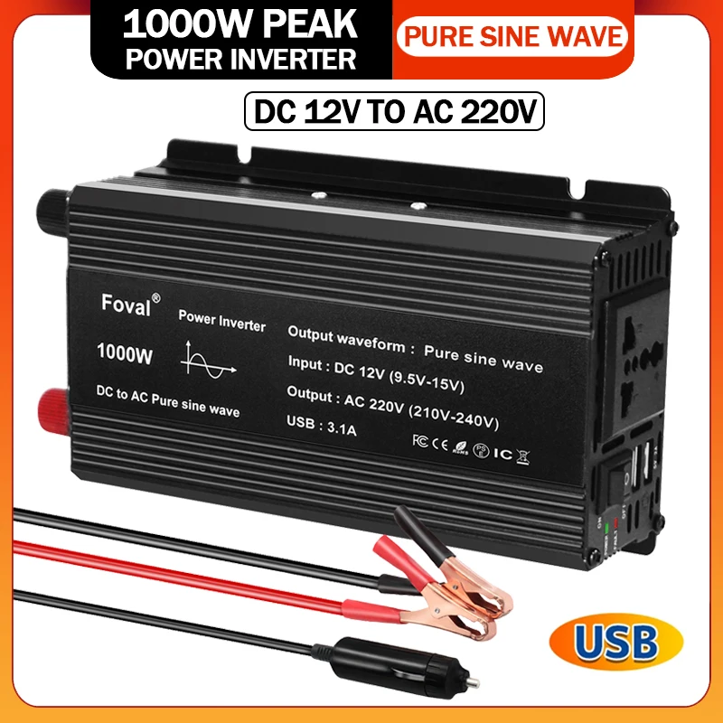 Pure Sine Wave 1000W 1500W 2200W 2600 W DC 12V Til 220V AC Bil Power Inverter Adapter Omformer Med 3.1 Dual USB-EU/Universal - 0