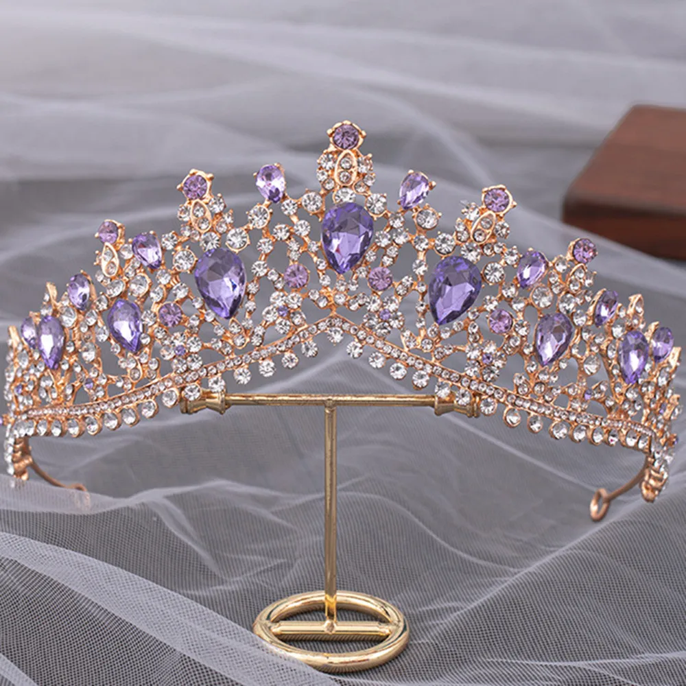 DIEZI Barok Luksus Elegante Dronning Princess Tiara Krone Lilla Pink AB Crystal Tiara For Kvinder Bryllup Hovedbeklædning Hår Smykker - 0