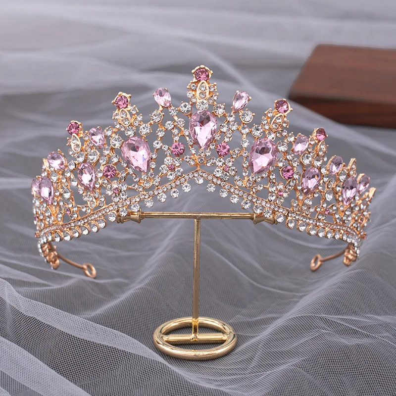 DIEZI Barok Luksus Elegante Dronning Princess Tiara Krone Lilla Pink AB Crystal Tiara For Kvinder Bryllup Hovedbeklædning Hår Smykker - 4