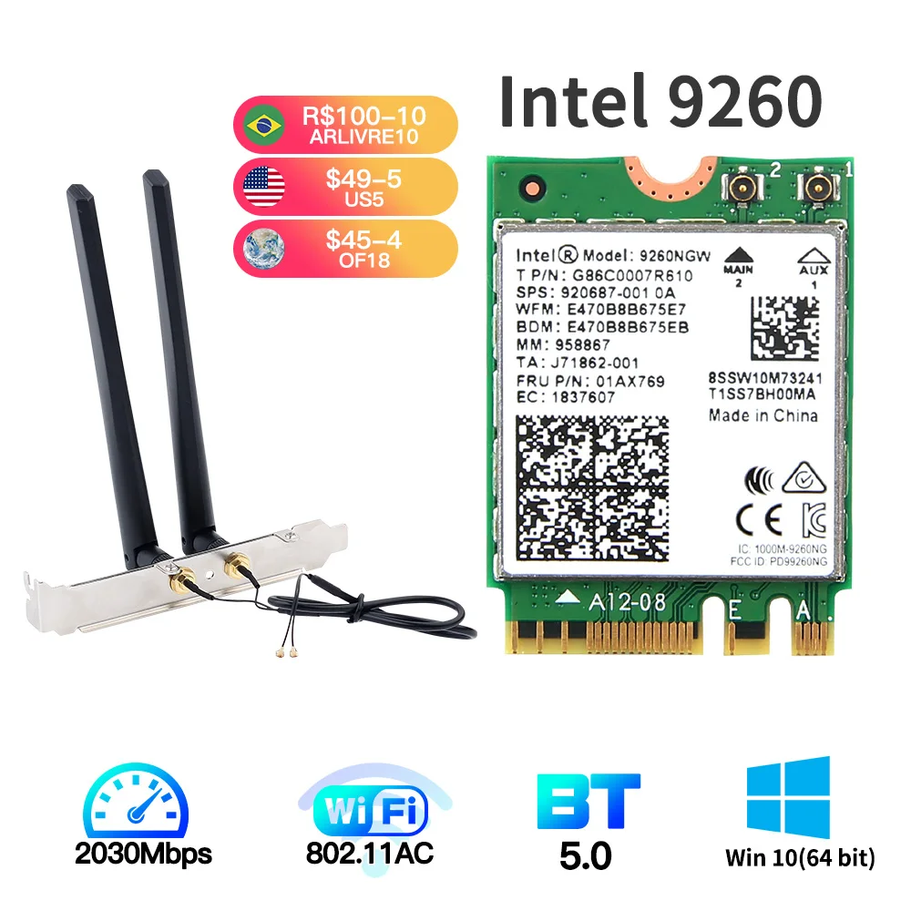 1730Mbps For Intel Dual Band-Kort Desktop Kit Bluetooth-5.0 802.11 ac M. 2 9260NGW Kort Med 2x 6 DBI Antenne For Win10 Bærbar - 0