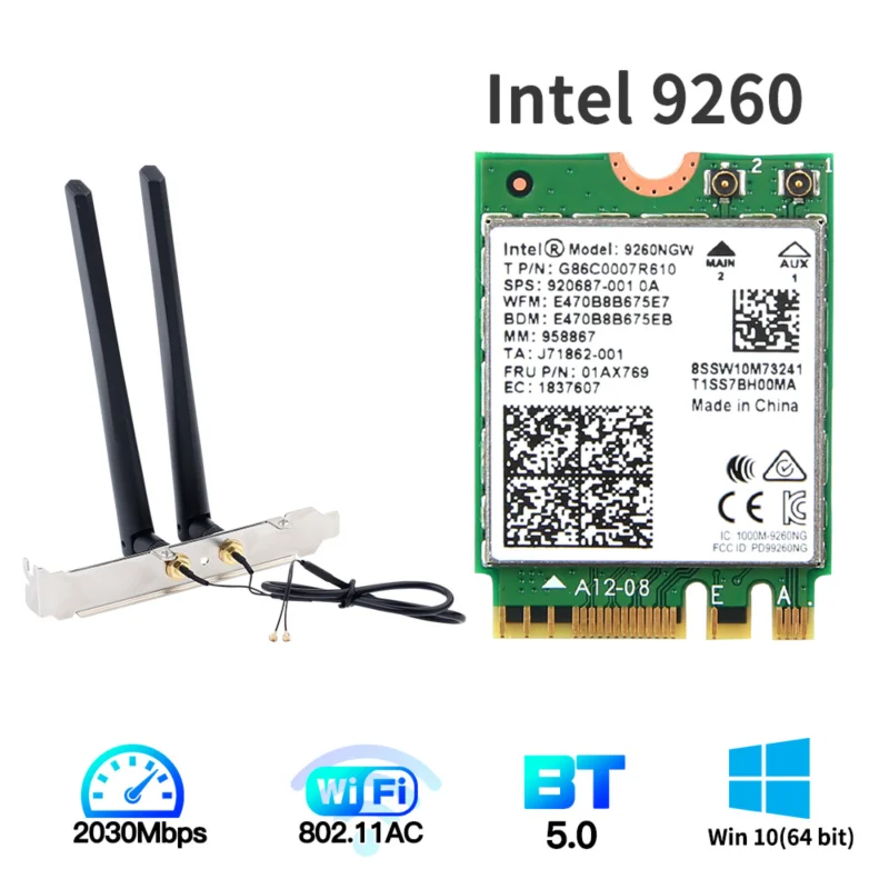 1730Mbps For Intel Dual Band-Kort Desktop Kit Bluetooth-5.0 802.11 ac M. 2 9260NGW Kort Med 2x 6 DBI Antenne For Win10 Bærbar - 1