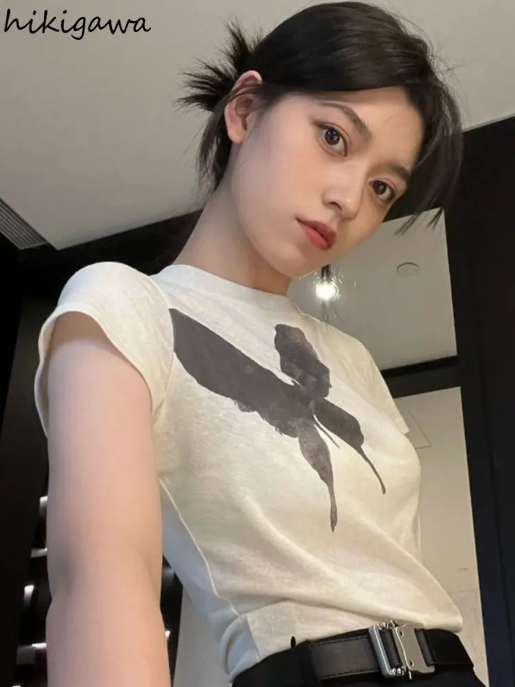 2023-Shirts til Kvinder Crop Tops Mode t-shirts O-hals, Korte Ærmer Sommerfugl Print Tees Tunika koreanske Y2k T-Shirt Ropa Mujer - 0