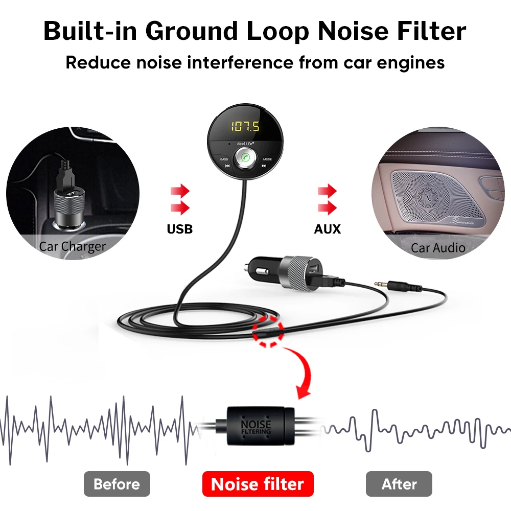 Deelife AUX Bluetooth Car Adapter FM-Senderen Modulator Håndfri Kit til Auto Musik BT 5.0 Modtager håndfri Bilsæt - 3