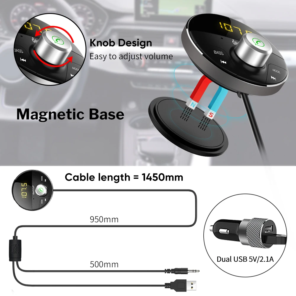 Deelife AUX Bluetooth Car Adapter FM-Senderen Modulator Håndfri Kit til Auto Musik BT 5.0 Modtager håndfri Bilsæt - 4