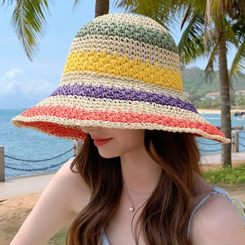 Stranden Hat Kvinde Solen Halm Håndlavet Regnbue Stribet Hæklet Stranden BOHO Bucket Hat Strand Hat Hæklet Hat - 2