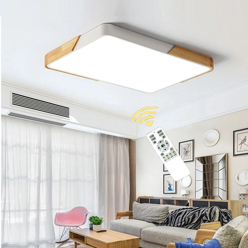 Nordisk LED loftslamper, Træ-Macaron Moderne LED-Lys Rektangulære Fjernbetjening Dæmpes Til Soveværelse Stue Home Decor Lys - 0