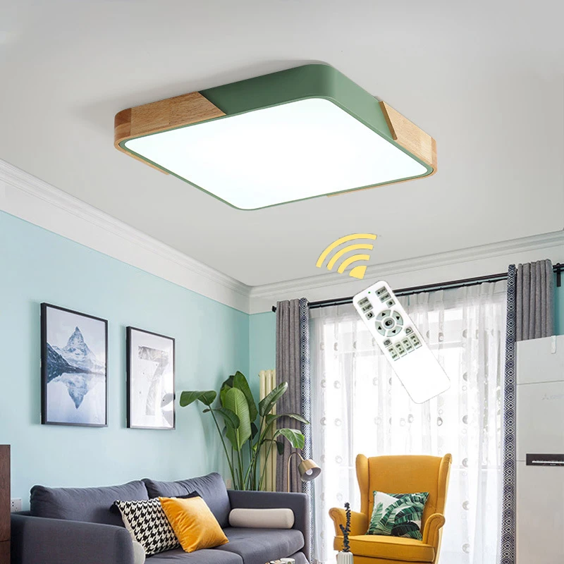 Nordisk LED loftslamper, Træ-Macaron Moderne LED-Lys Rektangulære Fjernbetjening Dæmpes Til Soveværelse Stue Home Decor Lys - 1