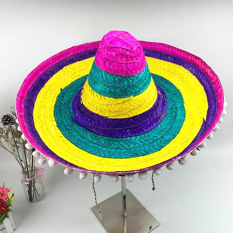 Mexicansk Stil stråhatte Wide Brim Farverige Mænd Kvinder Sommer Udendørs solhat Stor Størrelse Cool Rafia Sombrero til Halloween Party - 1