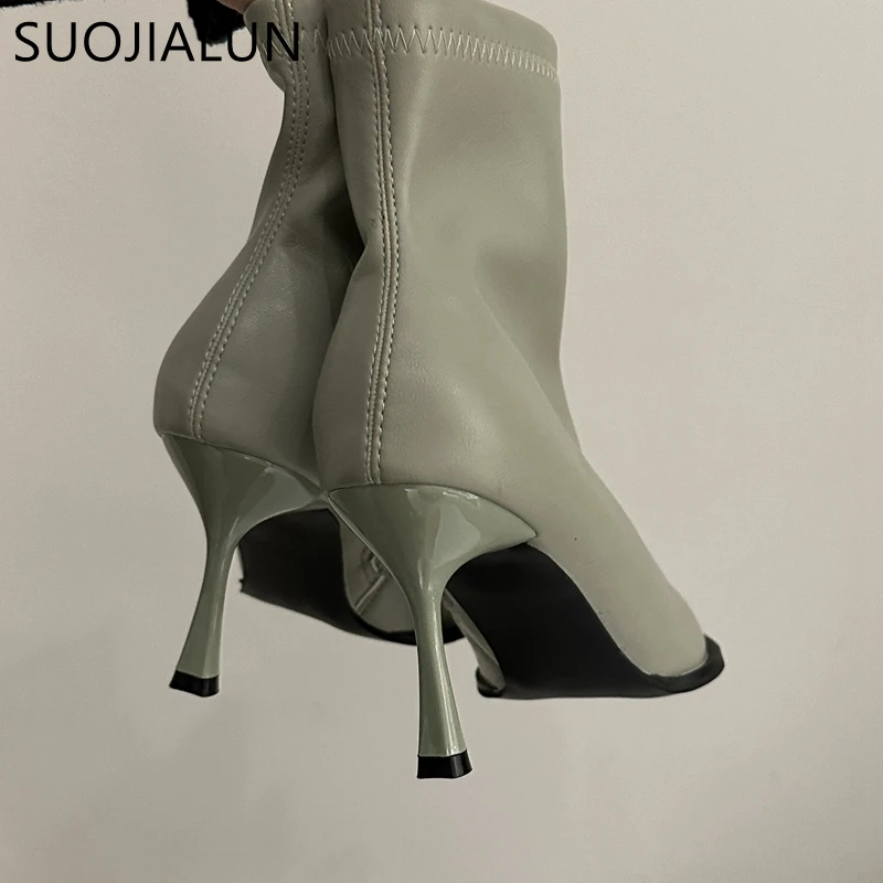 SUOJIALUN 2023 Nye Brand Kvinder Ankel Støvler Mode Spids Tå Sider Lynlås Damer Elegante Korte Boot Tynd Høj Hæl Chelsea Sho - 3