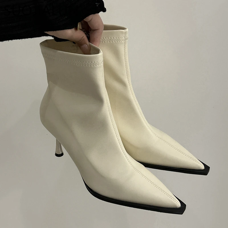 SUOJIALUN 2023 Nye Brand Kvinder Ankel Støvler Mode Spids Tå Sider Lynlås Damer Elegante Korte Boot Tynd Høj Hæl Chelsea Sho - 4
