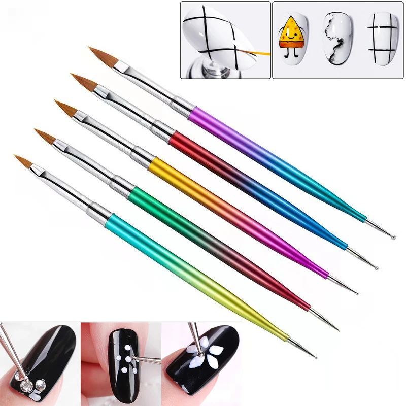 5Pcs Dual End Nail Art Øremærkninger Pen Farverige Akryl Nail Art Udskæring Øremærkninger Pen Tip Liner Maleri Tegning Børste Manicure Værktøjer - 0