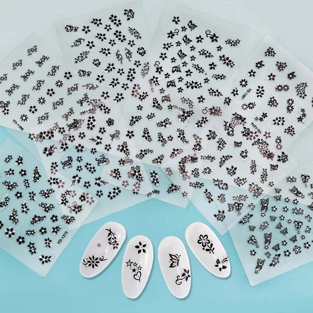 Tilfældige 30 Ark 3D Negle Sticker Gennemsigtig Bund Hvid Sort Blomst-Serien Søm Mærkat Dekoration - 2