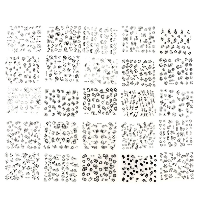 Tilfældige 30 Ark 3D Negle Sticker Gennemsigtig Bund Hvid Sort Blomst-Serien Søm Mærkat Dekoration - 4