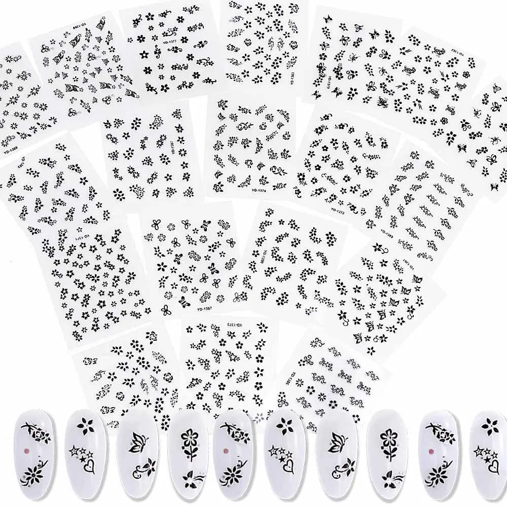 Tilfældige 30 Ark 3D Negle Sticker Gennemsigtig Bund Hvid Sort Blomst-Serien Søm Mærkat Dekoration - 5