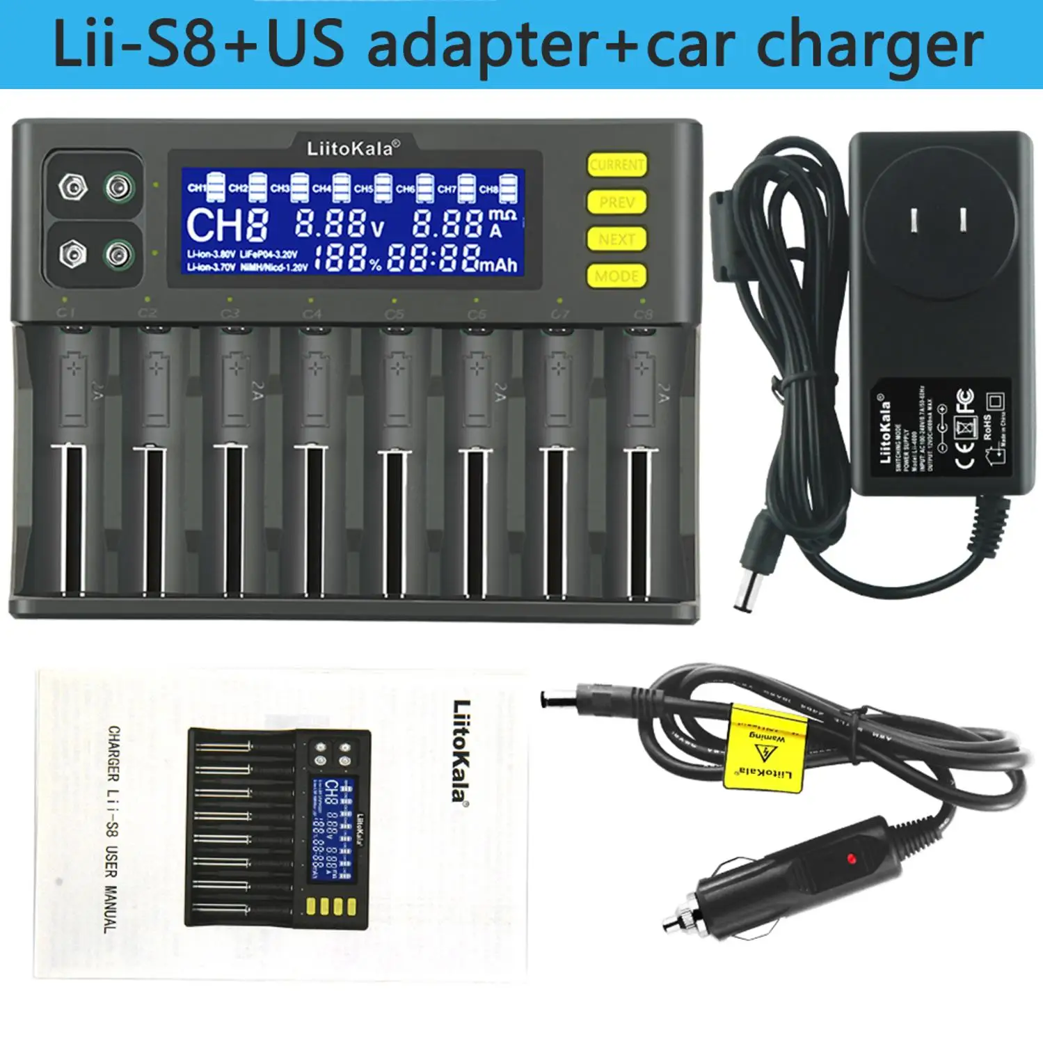 LiitoKala Lii-S8 Batteri Oplader Li-ion 3,7 V 1,2 V NiMH, Li-FePO4 3.2 V IMR 3.8 V oplader til 18650 26650 21700 26700 AA AAA - 0