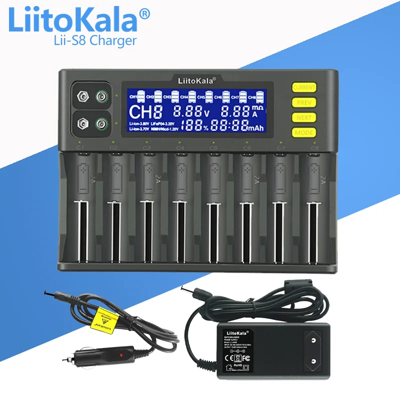 LiitoKala Lii-S8 Batteri Oplader Li-ion 3,7 V 1,2 V NiMH, Li-FePO4 3.2 V IMR 3.8 V oplader til 18650 26650 21700 26700 AA AAA - 1