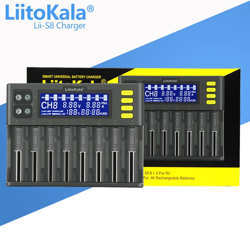 LiitoKala Lii-S8 Batteri Oplader Li-ion 3,7 V 1,2 V NiMH, Li-FePO4 3.2 V IMR 3.8 V oplader til 18650 26650 21700 26700 AA AAA - 2