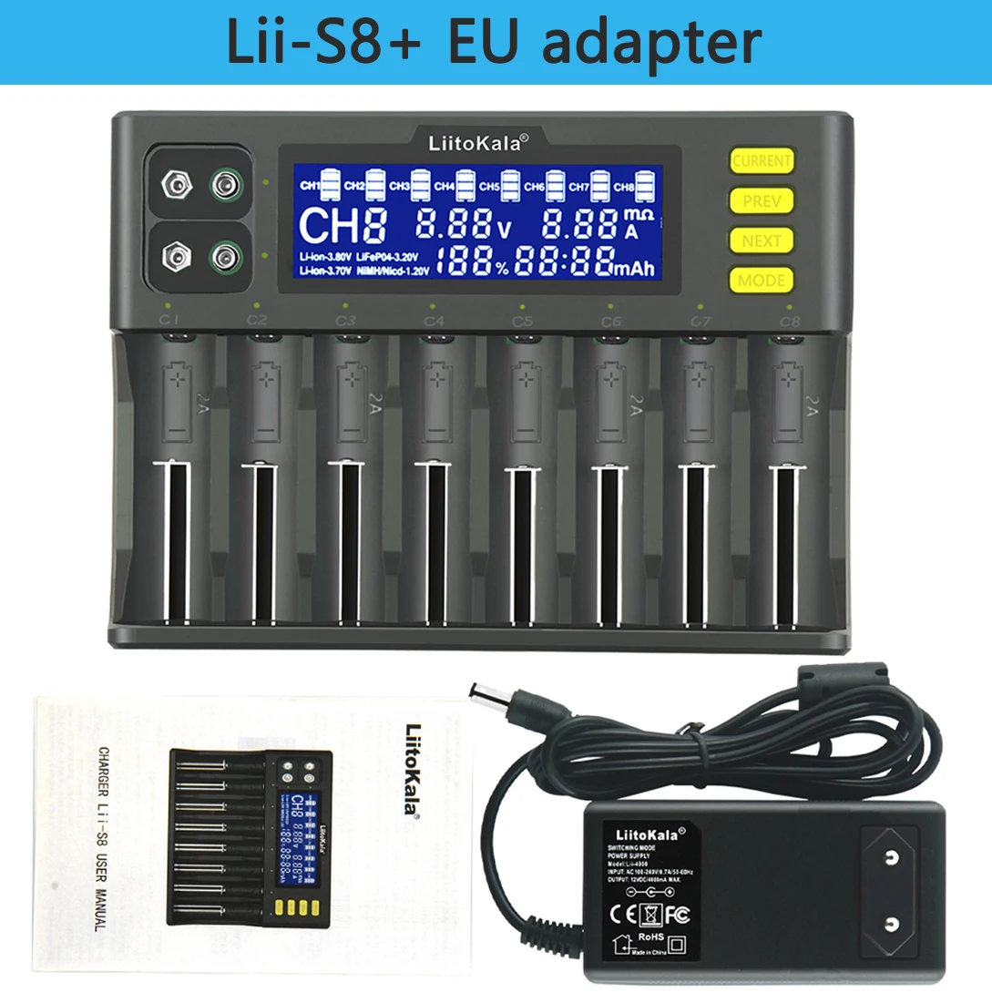 LiitoKala Lii-S8 Batteri Oplader Li-ion 3,7 V 1,2 V NiMH, Li-FePO4 3.2 V IMR 3.8 V oplader til 18650 26650 21700 26700 AA AAA - 3