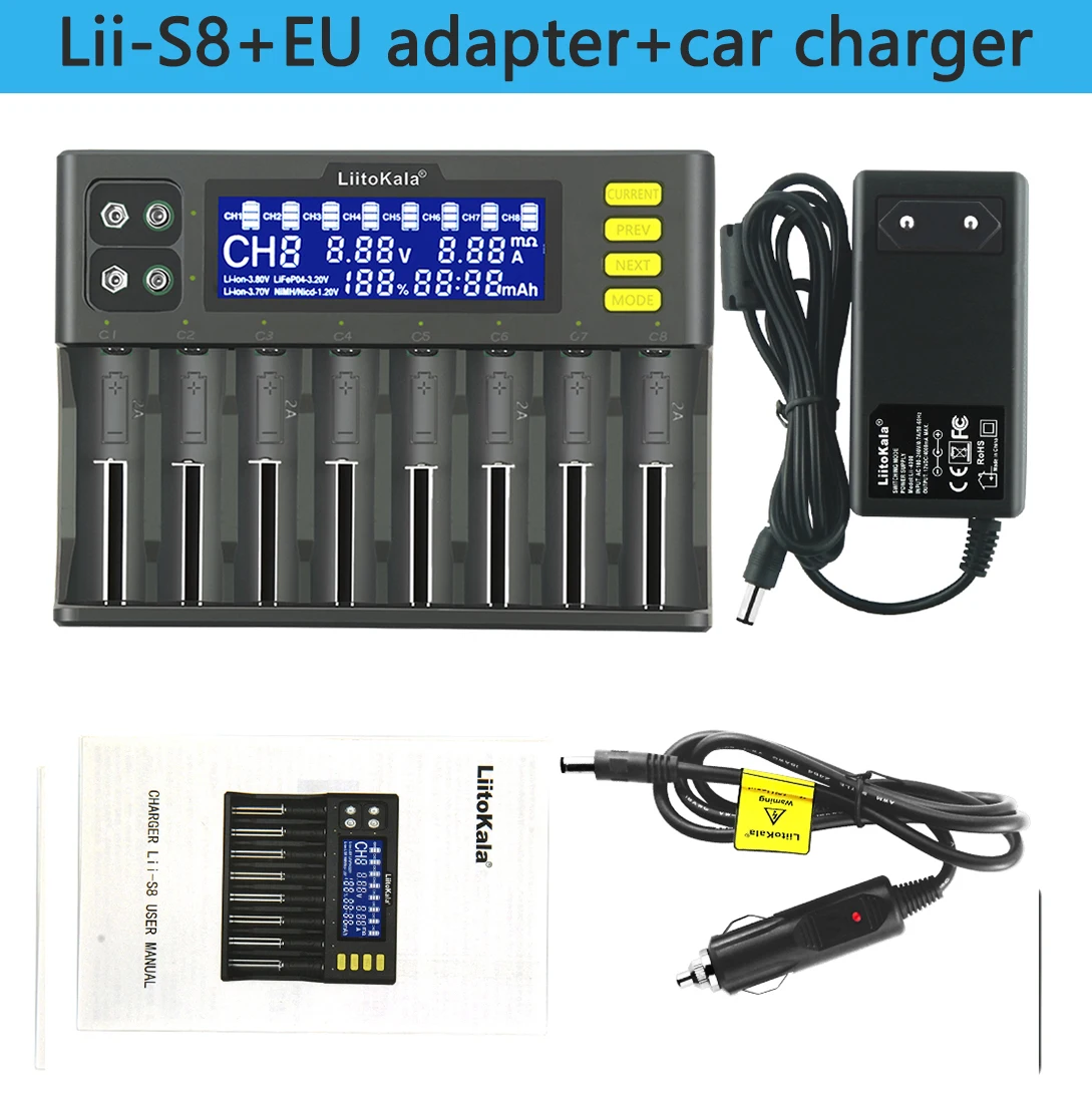 LiitoKala Lii-S8 Batteri Oplader Li-ion 3,7 V 1,2 V NiMH, Li-FePO4 3.2 V IMR 3.8 V oplader til 18650 26650 21700 26700 AA AAA - 5