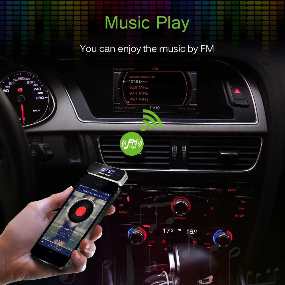TiOODRE Trådløse Mini-FM-Senderen 3,5 mm I-bil bil Musik Lyd MP3-Afspiller Transmitter til iPhone 4 5 6 6S Plus Samsung iPad - 3